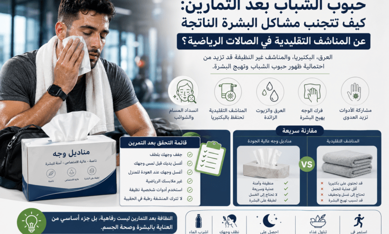 روتين العناية بالبشرة بعد التمارين لتقليل حبوب الشباب باستخدام مناديل وجه