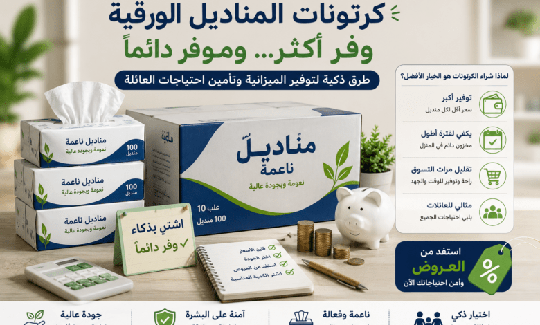كرتونات مناديل ورقية مرتبة مع عربة تسوق ترمز إلى التوفير والشراء الذكي